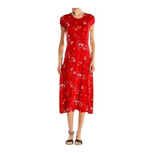 Red Floral Short-Sleeve Midi Dress